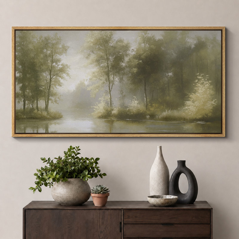 Serene River and Forest Scene Large Framed Canvas Print Wall Art - Tranquil Nature Decor, 30" H x 60" W, Natural