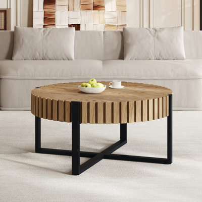 Table basse ronde, table basse cylindrique avec conception engrenage et base en métal en croix