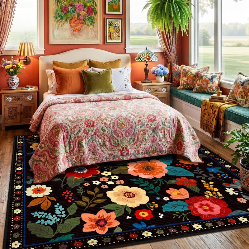 Motif floral carré de 8 pi avec motif lavable Boho, tapis mignon et antidérapant à fleur pour le salon, la chambre, la cuisine, le bureau, la ferme, noir