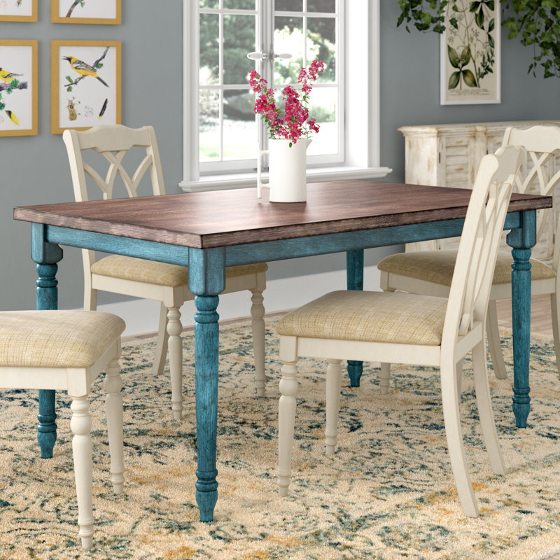 Io 60" Two Tone Solid Wood Farmhouse Dining Table, Dark Gray Top/Teal Blue Base
