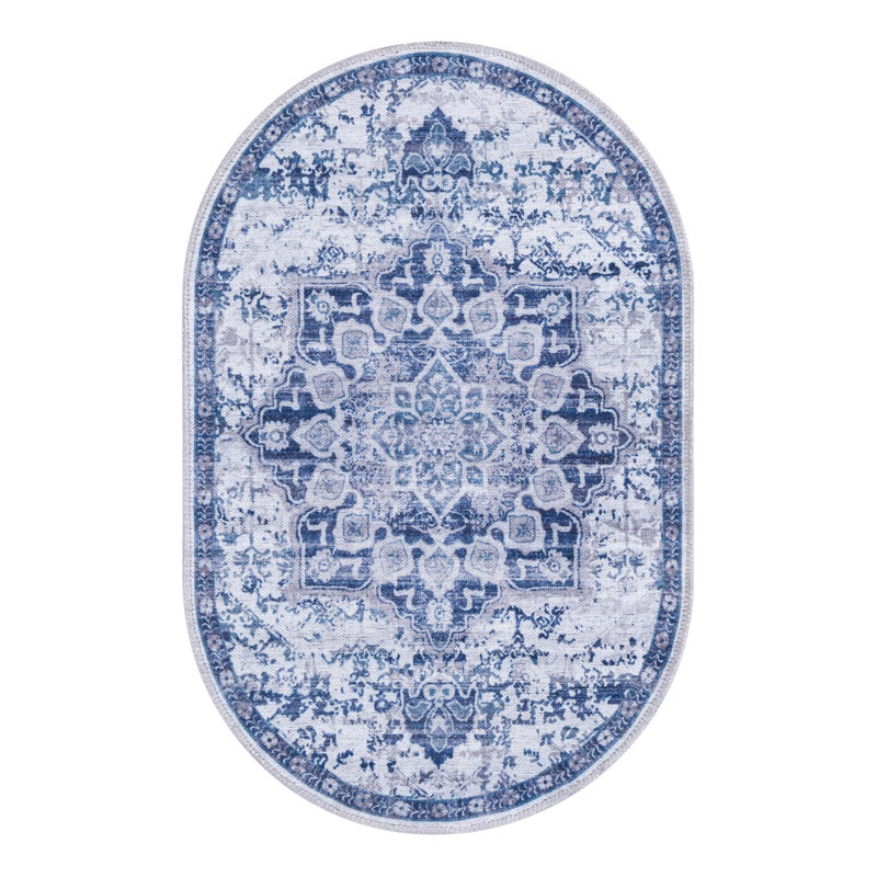 Matsumura Oriental Gray/Blue Area Rug, Oval 2' x 3'1"