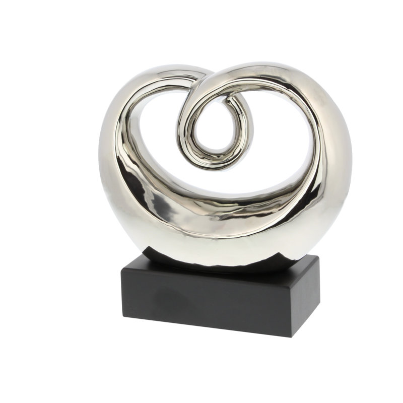 Elegant Silver Swirl 13" Ceramic Abstract Statue with Black Base