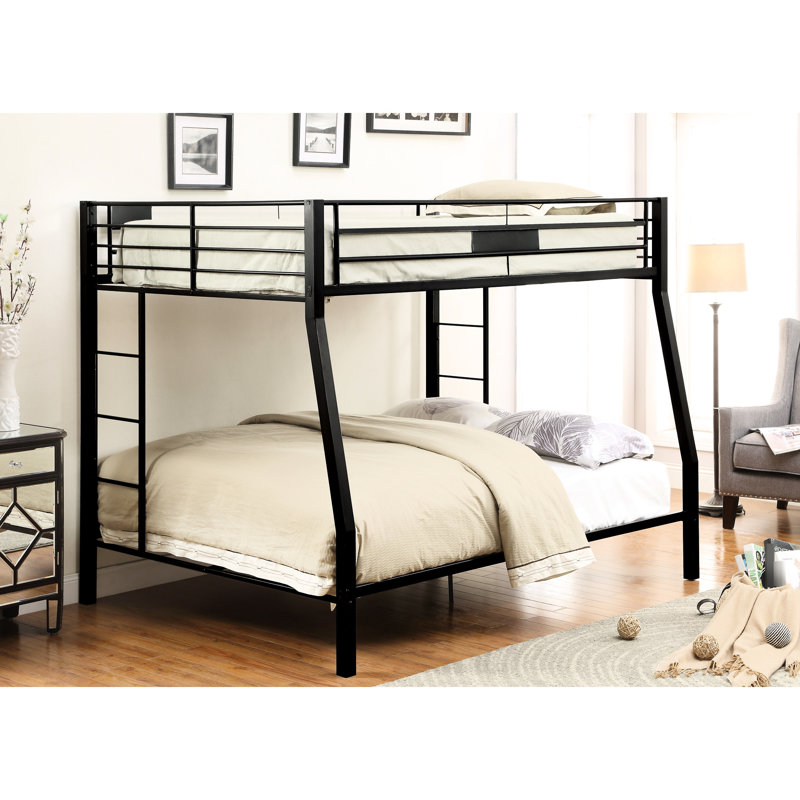 Lit superposé en métal avec finition noir sablé, matelas pour lit double / grand lit, supports latéraux, premier noir, matelas, largeur de 83 po, garde-corps pour plus de sécurité