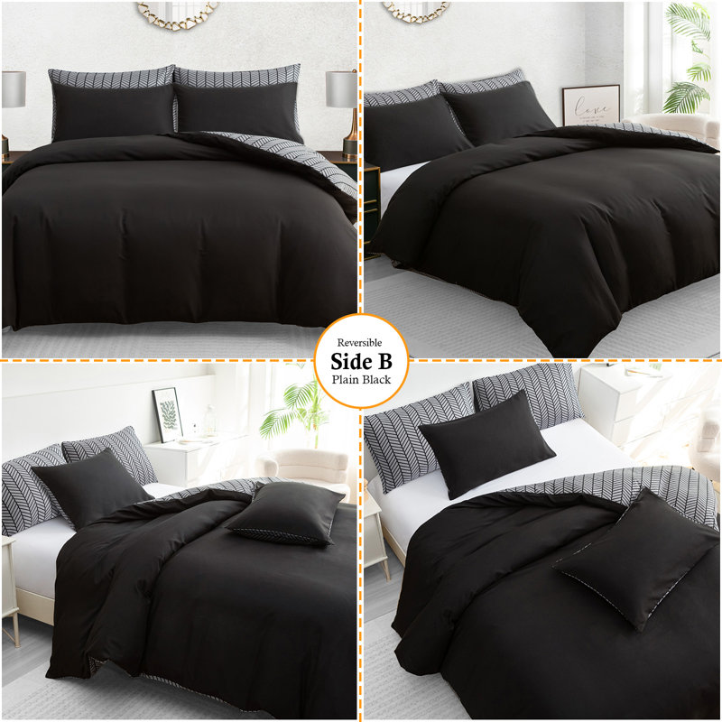 Grey Chevron Reversible Duvet Cover Set with Matching Pillowcases, Super King Duvet Cover + 2 Standard Pillowcases, Black