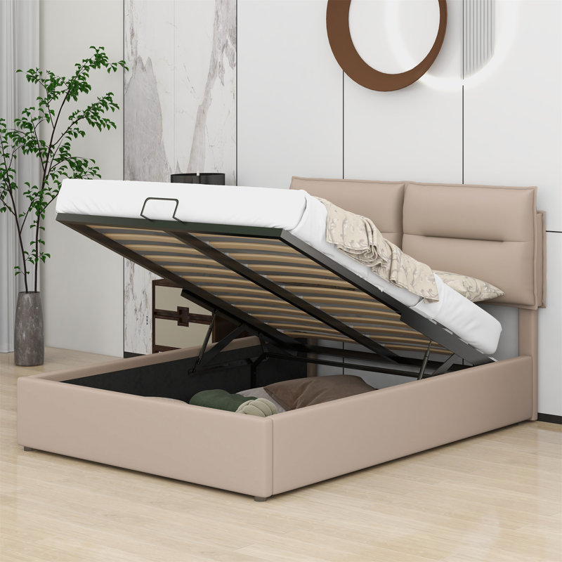 Lit plateforme tapissier avec rangement, Complète, Beige