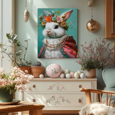 P&L Art Framed Canvas Wall Art - 12"x16" Ornate White Bunny (Floral Crown & Pearls) - Cozy Bedroom Hallway Retro Decor