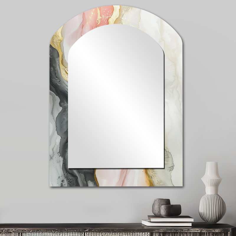Celestial Pink Balance Of Sinai Pearl Marble III - Transitional Asymmetrical Mirror, Gold Arch Decorative Wall Mirror, Printed Metal Art