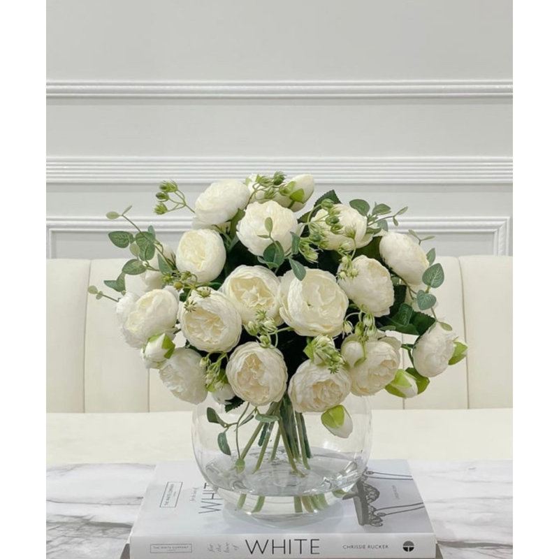 White Peony Faux Centerpiece In Glass Vase, White