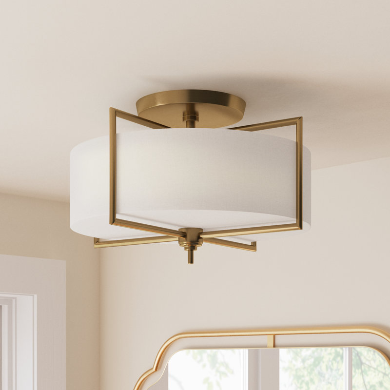 Fabric Semi Flush Mount, Burnished Brass, 10" H x 15" W x 15" D