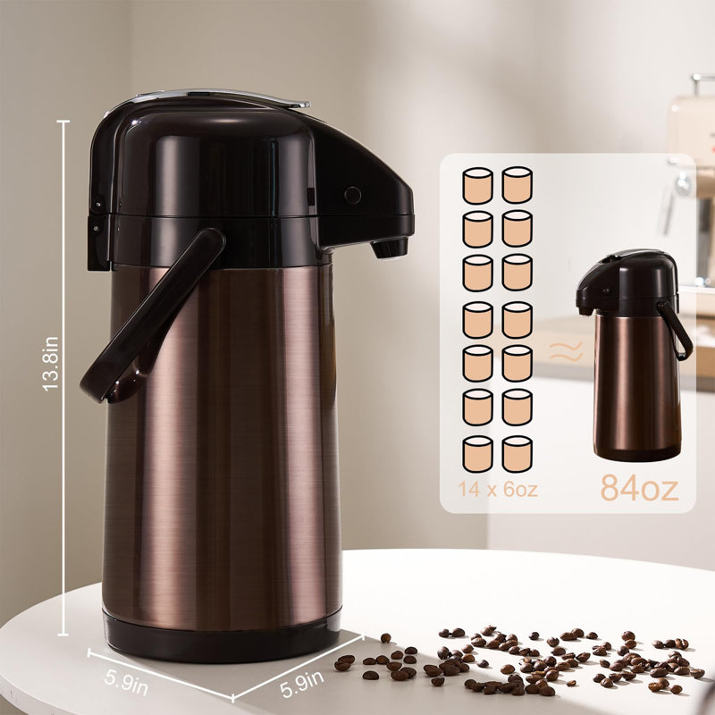 Carafe à café à double pompe en acier inoxydable 84 oz / 2,5 L pour boissons chaudes / froides avec base Lazy Susan