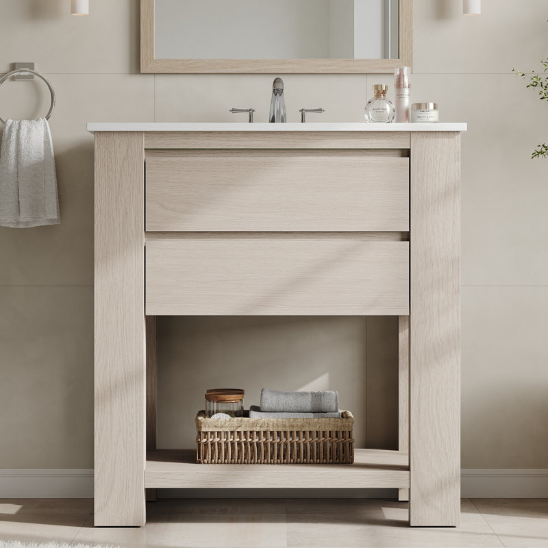 Meuble-lavabo autoportant Pura 30 po en bois avec lavabo, 2 tiroirs et tablette de rangement ouverte, chêne blanc