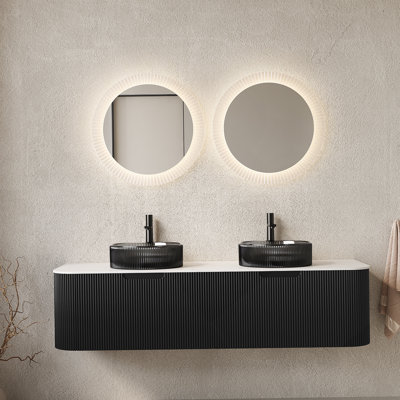 Meuble-lavabo mural 60 po avec 2 tiroirs, lavabos ronds noirs transparents et armoire de rangement rayée