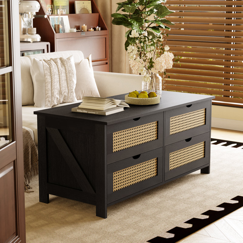 Rattan Wooden Coffee Table, 4 Drawers Cocktail Table With Storage, 19.7" H x 37.4" W x 17.7" L, Original Wood