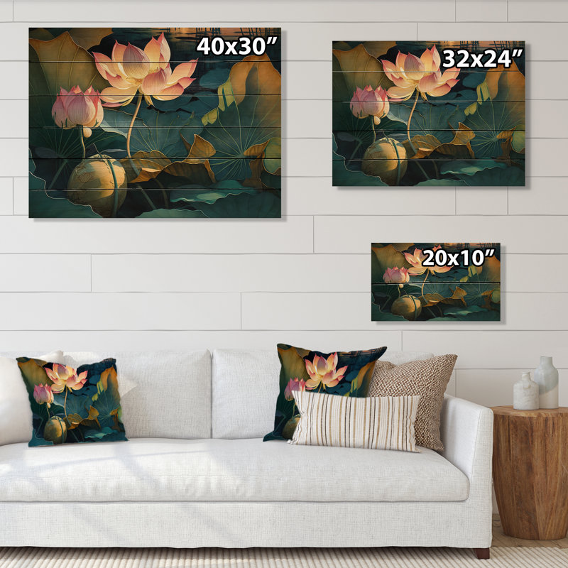 Décoration florale de lotus rétro dans l'étang II - Lotus floral, Bois, H 16 po x l 32 po x P 1 po