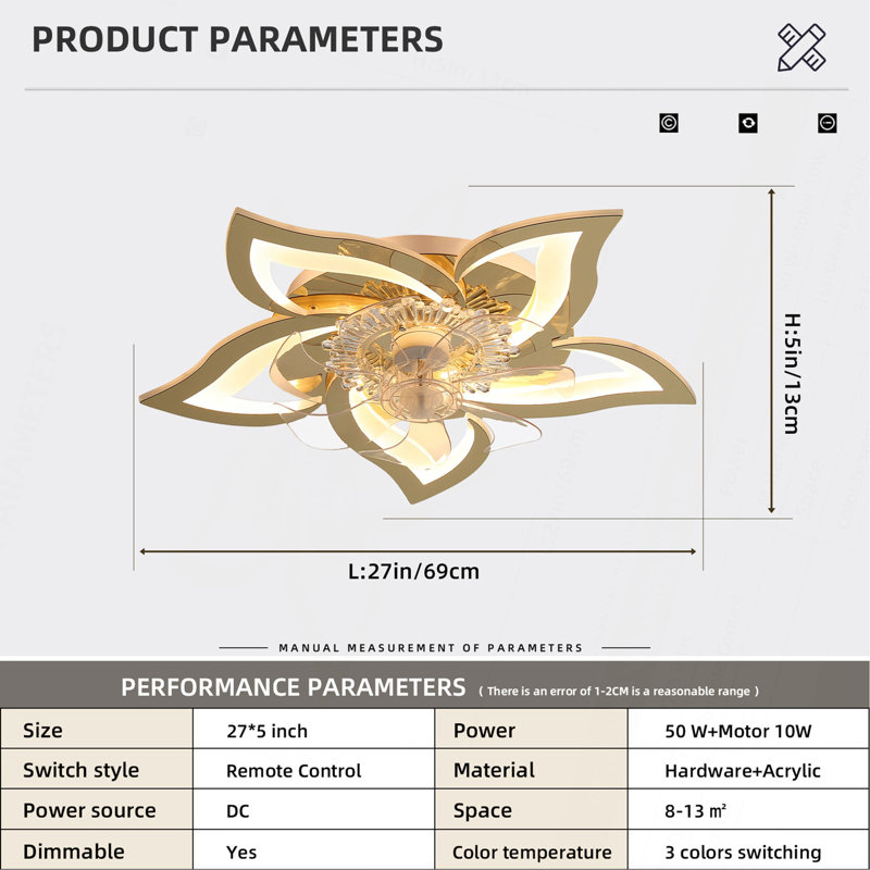 Ventilateur de plafond 27 pouces avec lumières, télécommande 3 températures de couleur, ventilateur à 6 vitesses