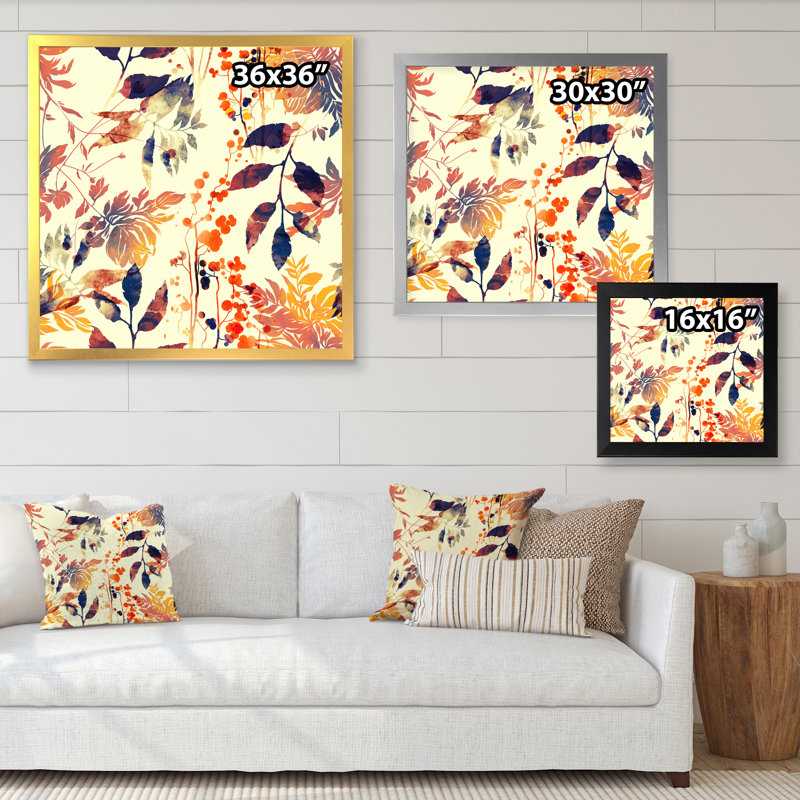 Fleurs et feuilles abstraites en jaune rétro - Impression sur toile, H 30 po x l 30 po x P 1 po, Cadre photo noir