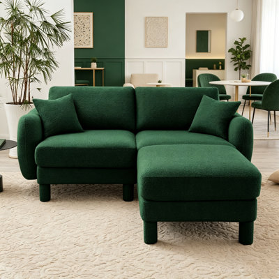 Boucle Fabric Sectional 2-Seater Loveseat Sofa Couch With Distinctive Shell-Shaped Armrests And Removable Ottoman,Cylindrical Legs Wrapped With Self-Fabric,Green Color