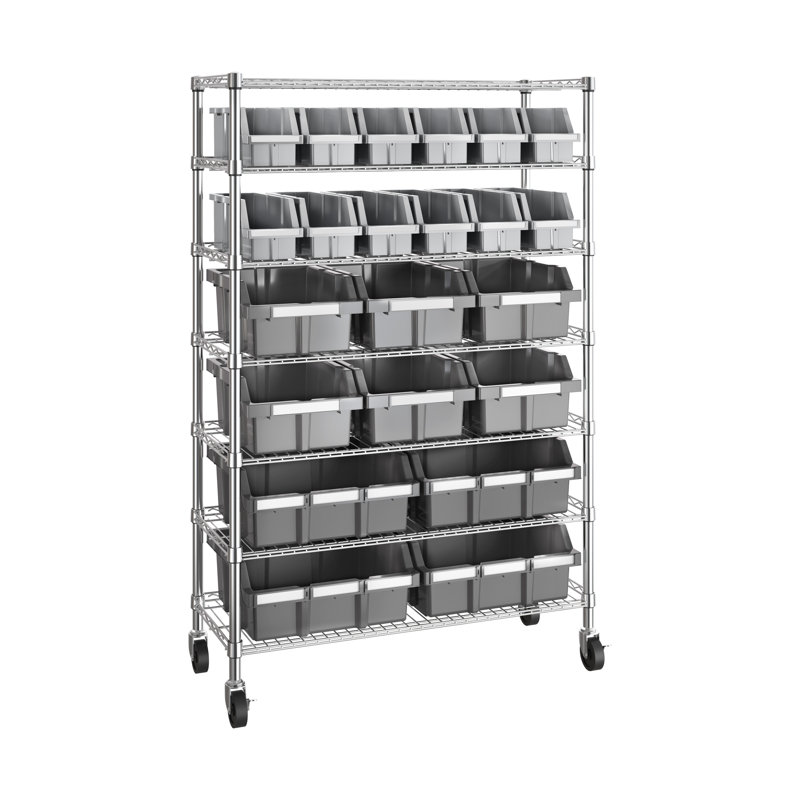 36" W NSF-Certified Commercial 7-Tier 22-Bin Storage Rack with Wheels