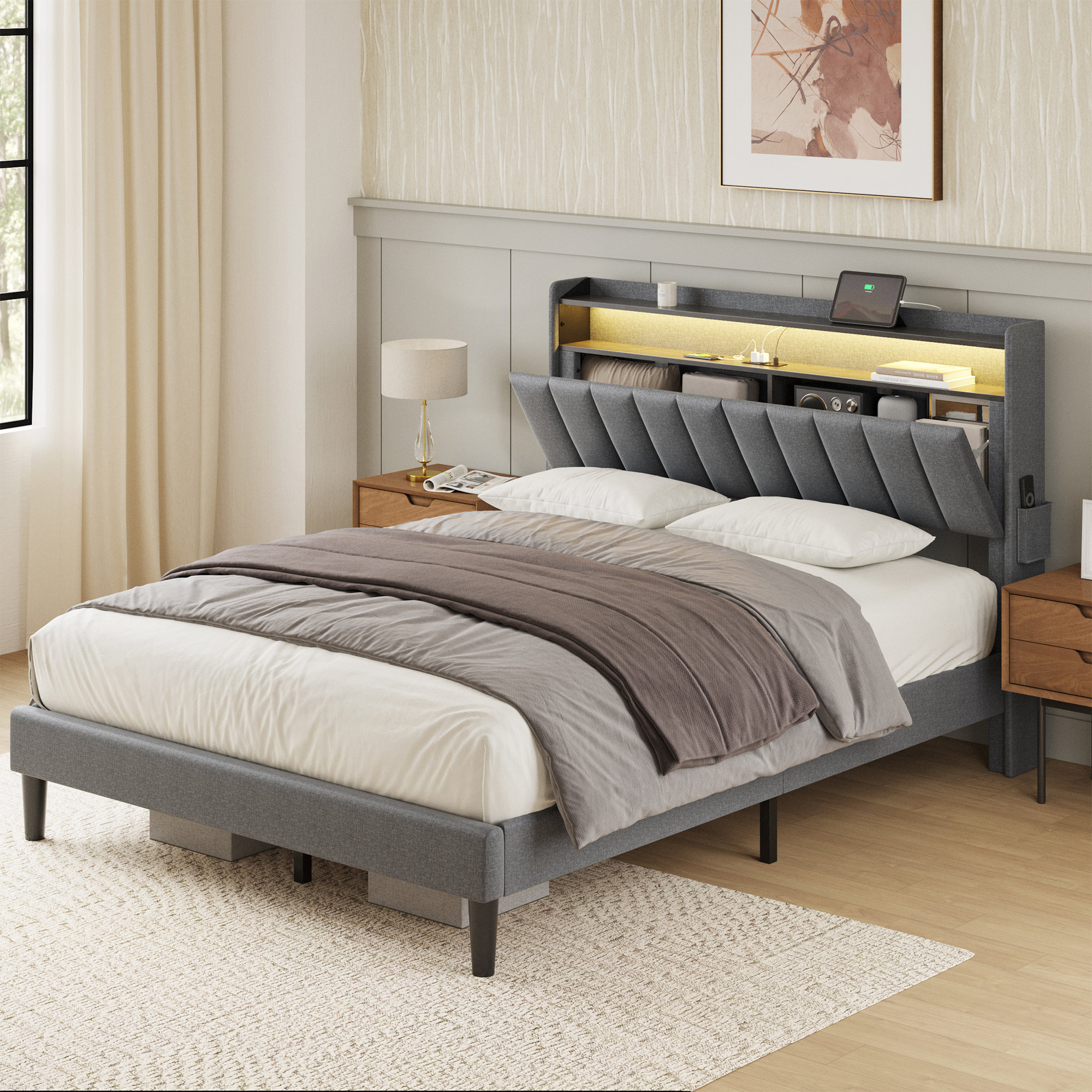 Neavins Bed Frame with Storage Headboard & LED Light, Upholstered Bed Frame with Outlet & USB Ports Ebern Designs Size: Full