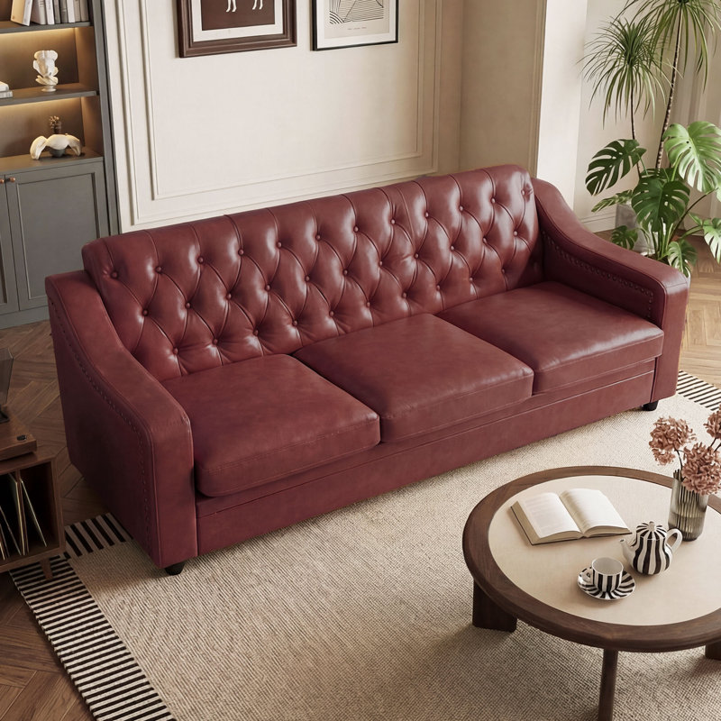 Mid-Century Modern 78.7" Leather Sofa, Tufted Upholstered 3 Seater Couch With High Back & Nailhead Trim, Chesterfield Sofa For Living Room Bedroom Apartment Office