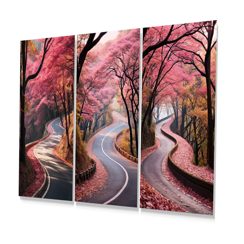 «Pink Blooming Road Into The Forest I», ensemble de 3 impressions sur route en métal, H 32 po x l 48 po