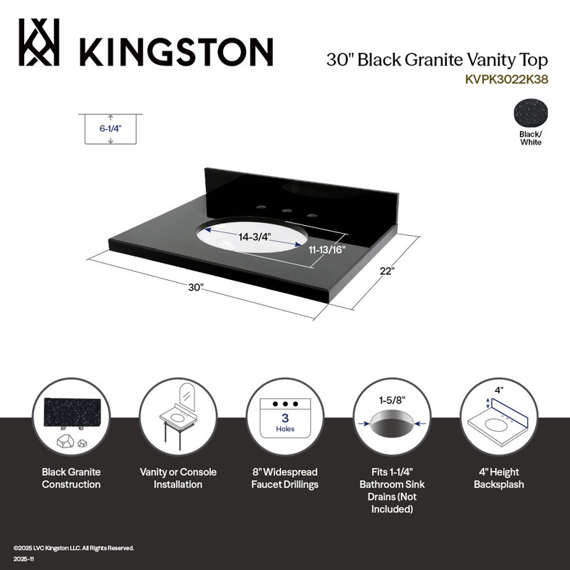 Kingston Brass Templeton 30-Inch Black Granite Vanity Top