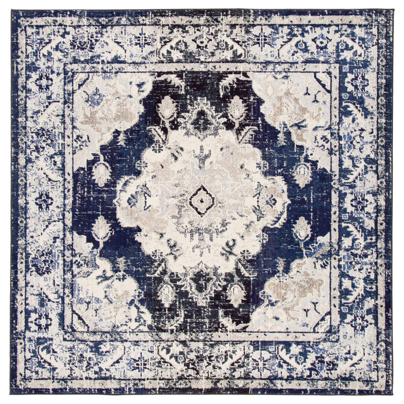 Almyra Oriental Area Rug, Square 6'7", Ivory/Navy