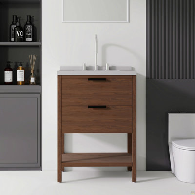 Meuble-lavabo autoportant de 24 po avec lavabo, porte à fermeture douce, comptoir et dosseret en marbre de granite blanc de 2 po, contreplaqué, brun