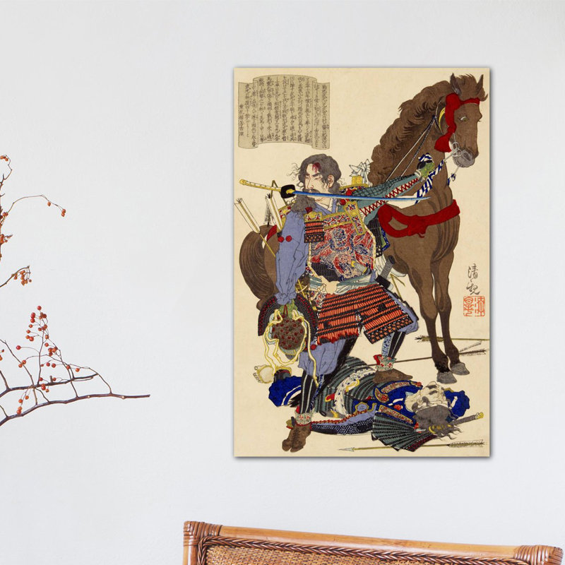 Samurai et cheval japonais woodblock pattern, reproduction d’art sur toile, H 12 po x l 8 po x P 0,75 po, Toile tendue