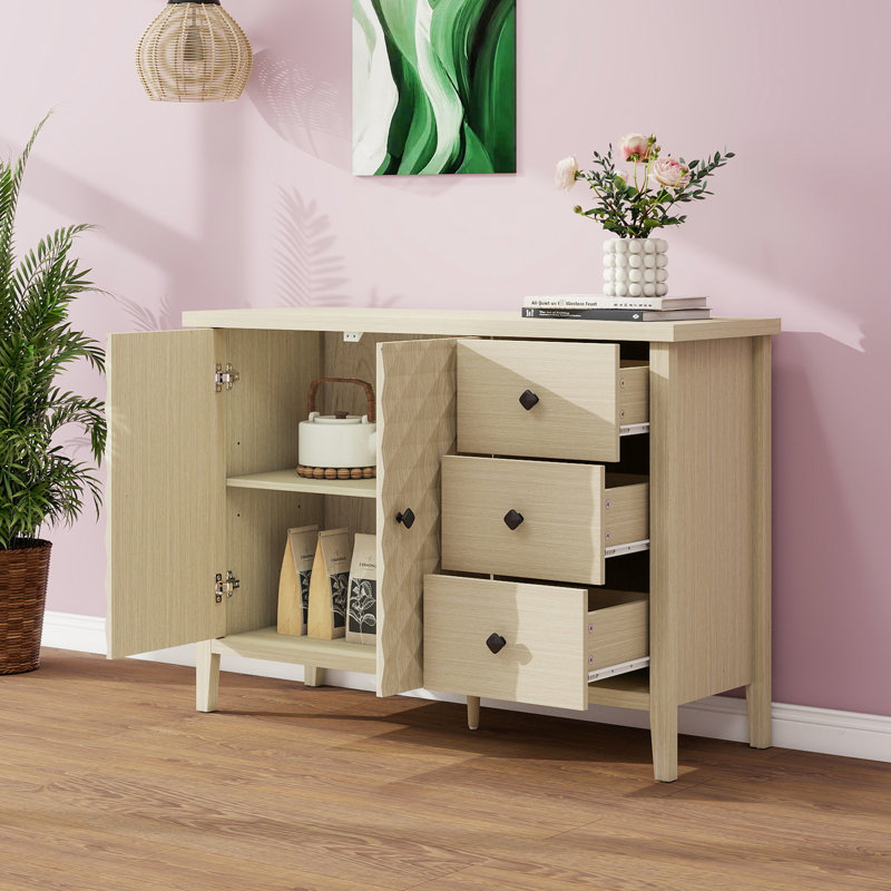 Élégante armoire de rangement 3 portes à 3 tiroirs en grain de bois avec glissières de haute qualité, poignées en forme de losange et conception concave en stratifié concave réglable, tablettes, poignées noires confortables