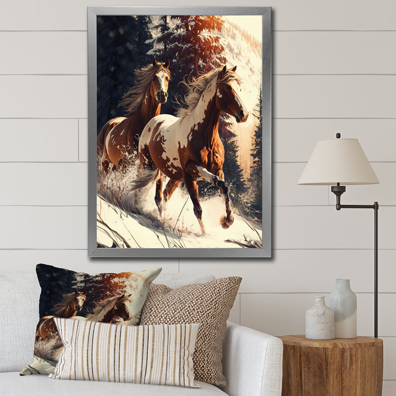 Chevaux sauvages en pleine scène d'hiver, H 44 po x l 34 po x P 1,5 po, Cadre simple argenté