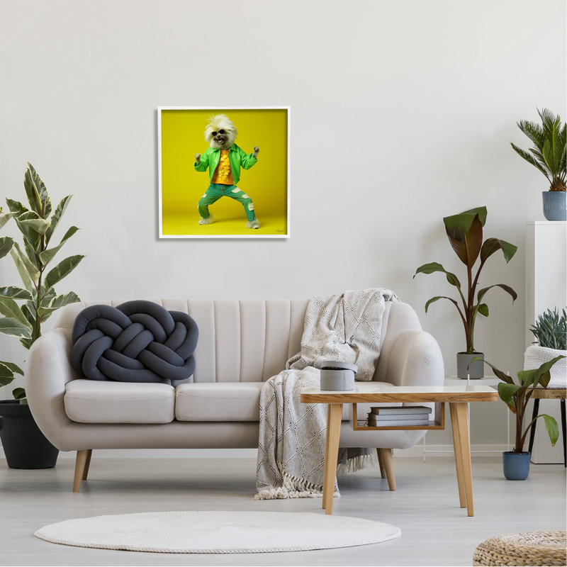 Az-163-encadré chien dansant vert par Roozbeh, Giclée encadrée blanc bord de mer, H 24 po x l 24 po x P 1,5 po