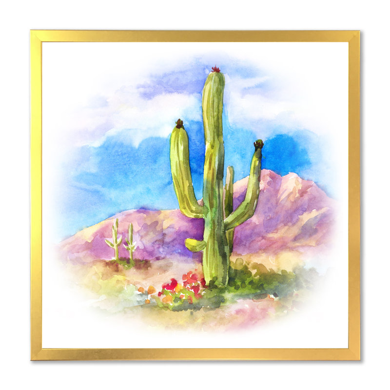 Cactus carnegiea dans le dessert - on, Impression dorée sur toile encadrée, H 36 po x l 36 po x P 1,5 po