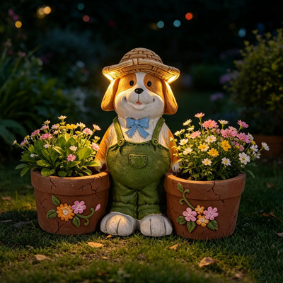 Magnesium Oxide Dog Statue Planter with Solar LED Lights in Ears, Dual Flower Pots Garden Decor, 21", for Patio & Doorway