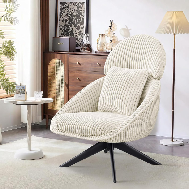 Modern Swivel Accent Chair With Soft Thick Cushion Comfy Living Room Chair with Pillow , Beige Corduroy