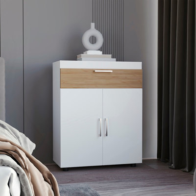 Shoe Rack With Double Doors And Interior Shelves, Freestanding Footwear Storage Cabinet, White/ Natural Oak