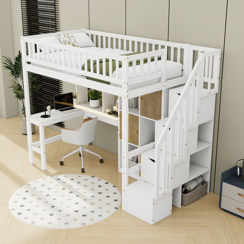 Lit mezzanine simple avec bureau, lumières DEL, tablettes de rangement et armoires, Blanc