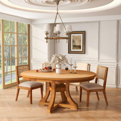Extendable Round Rubber Wood Dining Table, 47 inch to 59 inch Adjustable Length Kitchen Table, for Home, Restaurant, Cafe, Space-Saving Design