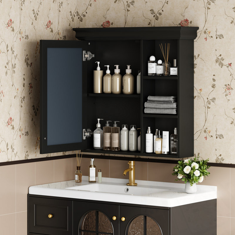 Armoire à pharmacie de salle de bain avec miroir et rangement, Noir