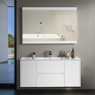 Ensemble de meuble-lavabo mural simple 48 po avec lavabo en céramique et miroir Oquendo, 2 tiroirs, fermeture en douceur, dossier ouvert