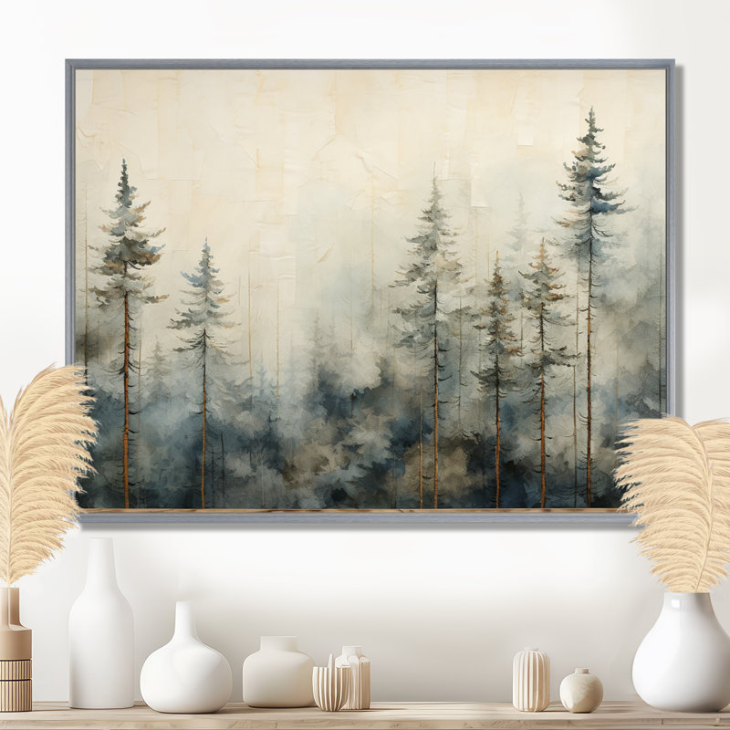 Minimalisme forêt de pins d'hiver - décoration murale forêt, H 16 po x l 32 po x P 1 po, Encadrement argenté