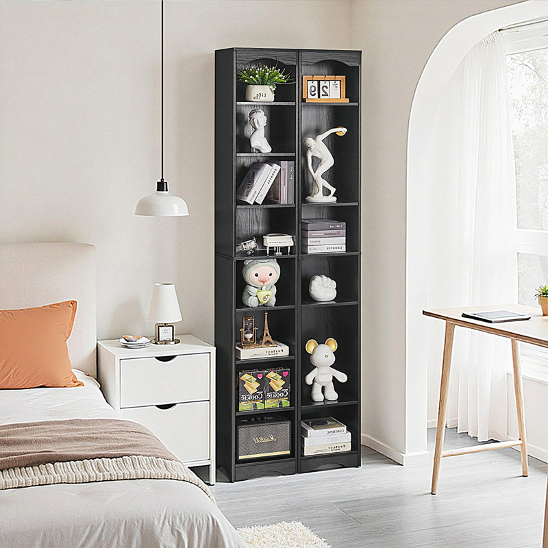 Tall Narrow Bookcase Set Of 2 With Adjustable Shelves, 8 Tier Slim Storage Bookshelf With Anti-Tip Device,  Storage Cabinet Floor Standing Display Shelf For Small Spaces