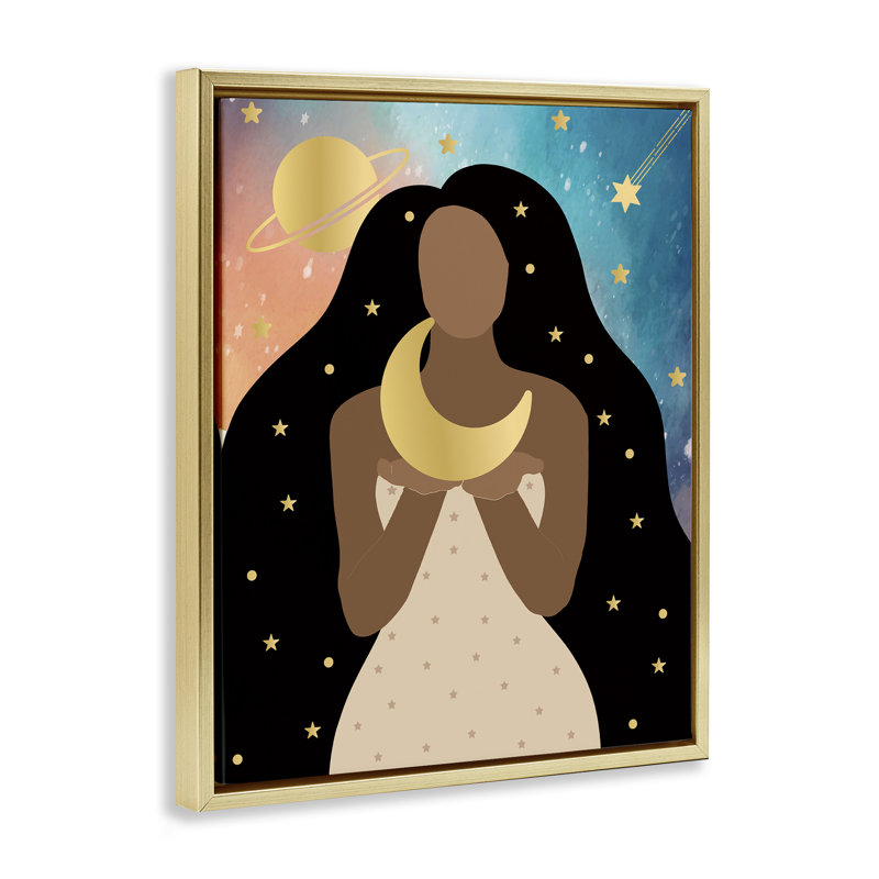 Femme tenant la lune, H 21 po x l 17 po, Cadre doré