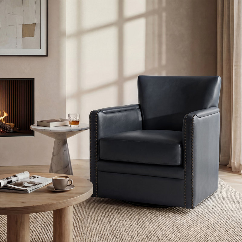 Fauteuil club pivotant en cuir véritable Arsim, Cuir véritable bleu marine