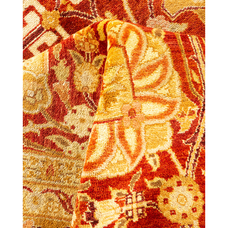 Tapis unique en laine noué à la main 8 pi x 10 pi 9 po nouvel âge Michelina - orange / rouge / beige
