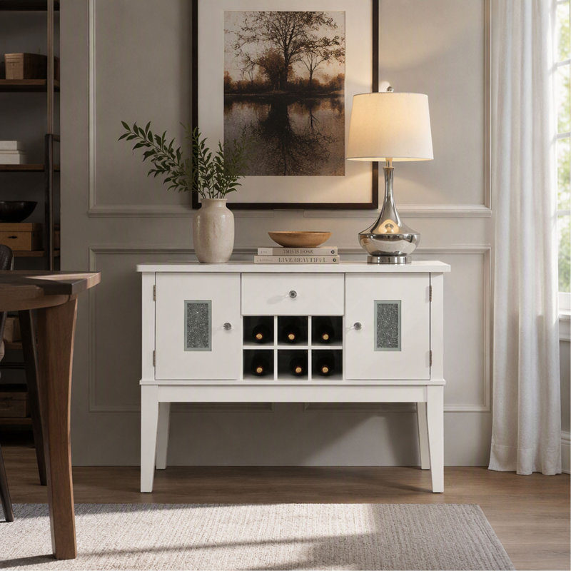 Buffet Elizaveta en faux cristal avec finition laquée blanche lustrée, meuble de rangement élégant pour salle à manger