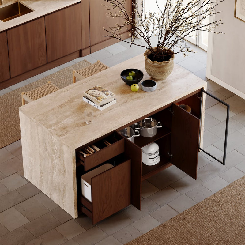 Îlot de cuisine moderne de 183 cm avec rangement et éclairage DEL, table d'îlot en travertin mat avec bord en cascade