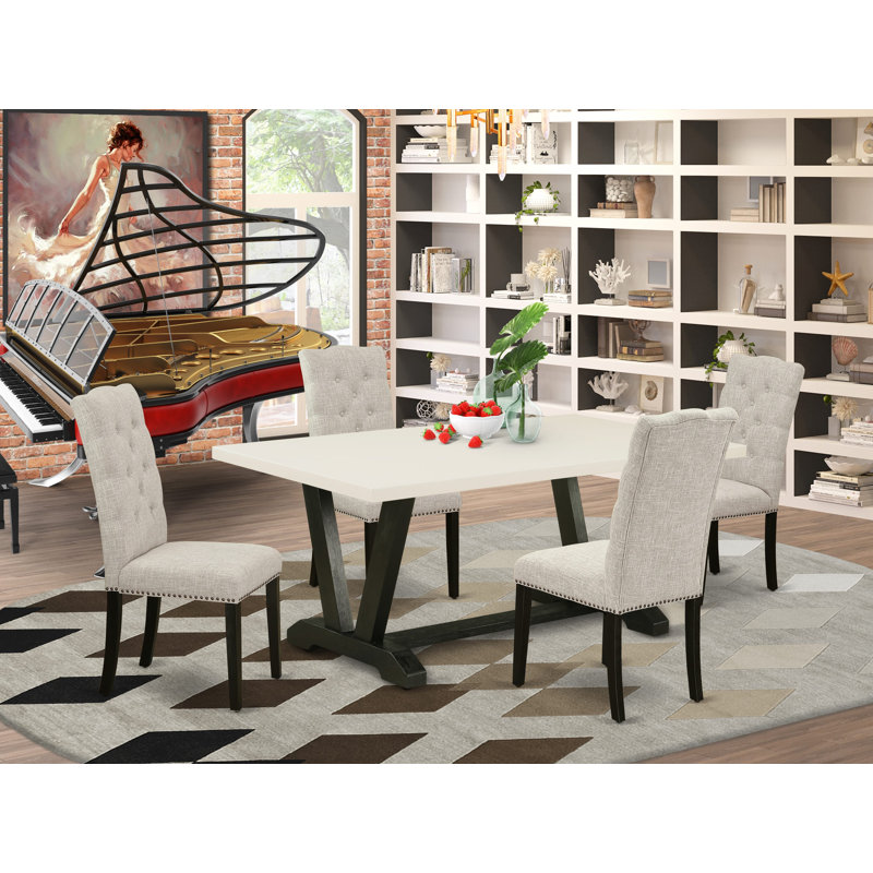 L'ensemble de table de salle à manger 5 pièces pour 4 personnes comprend une table de cuisine rectangulaire avec pieds en V et 4 chaises de salle à manger Parson en tissu de lin, finition noire brossée