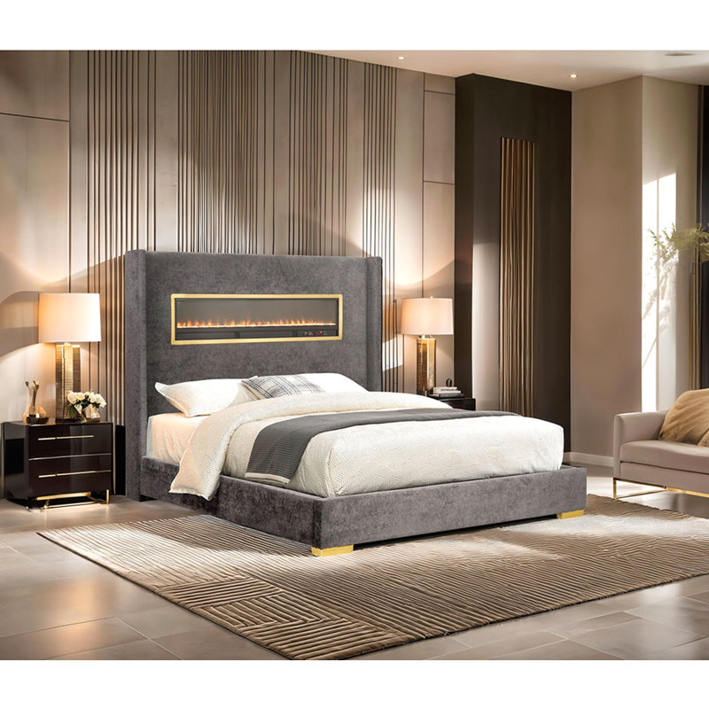Magnifique lit plateforme tapissier en tissu de style contemporain de style oriental gris avec 1 lit de très grande taille