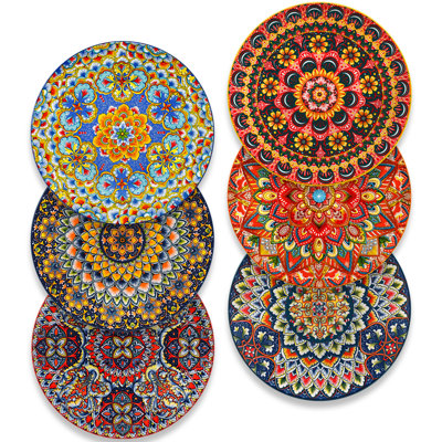 6 Piece Bohemian Print Dinner Plate Set,10.5 Inch Ceramic Plates,Assorted Boho Patterns,Mix & Match Tableware